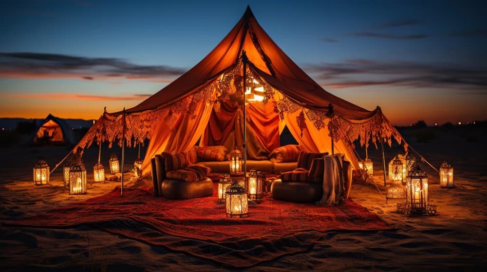 Luxury desert camp under starry sky
